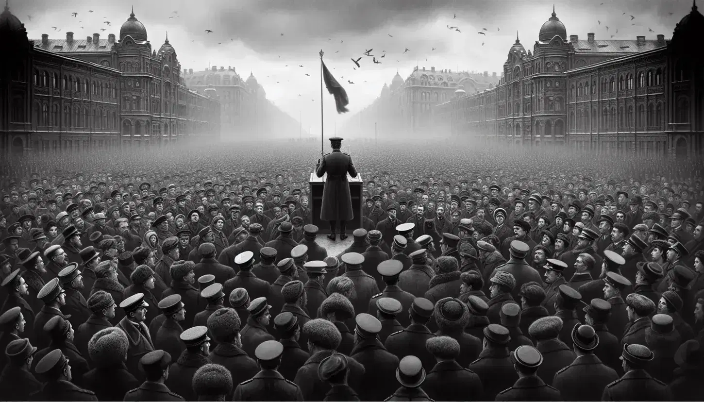 Folla attenta ascolta discorso di uomo in uniforme militare d'epoca su podio, in ambiente urbano europeo inizio XX secolo.