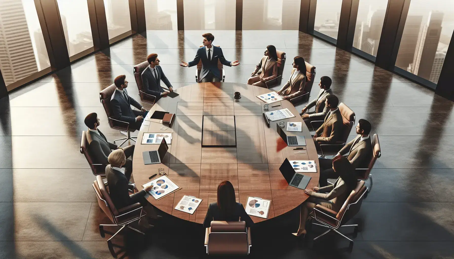 Diverse professionals engaged in a meeting around an oval wooden table with one person leading, papers and tech devices on table, city view in background.