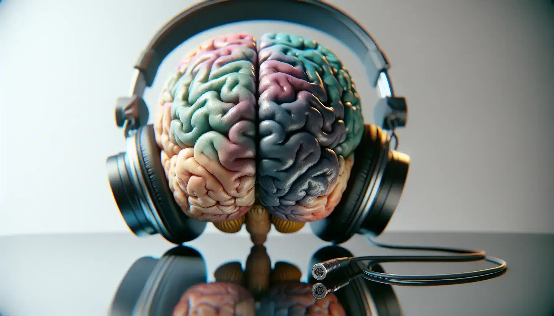 Detailed anatomical model of the human brain with colorful lobes and blurry black caps in the foreground on glass surface.
