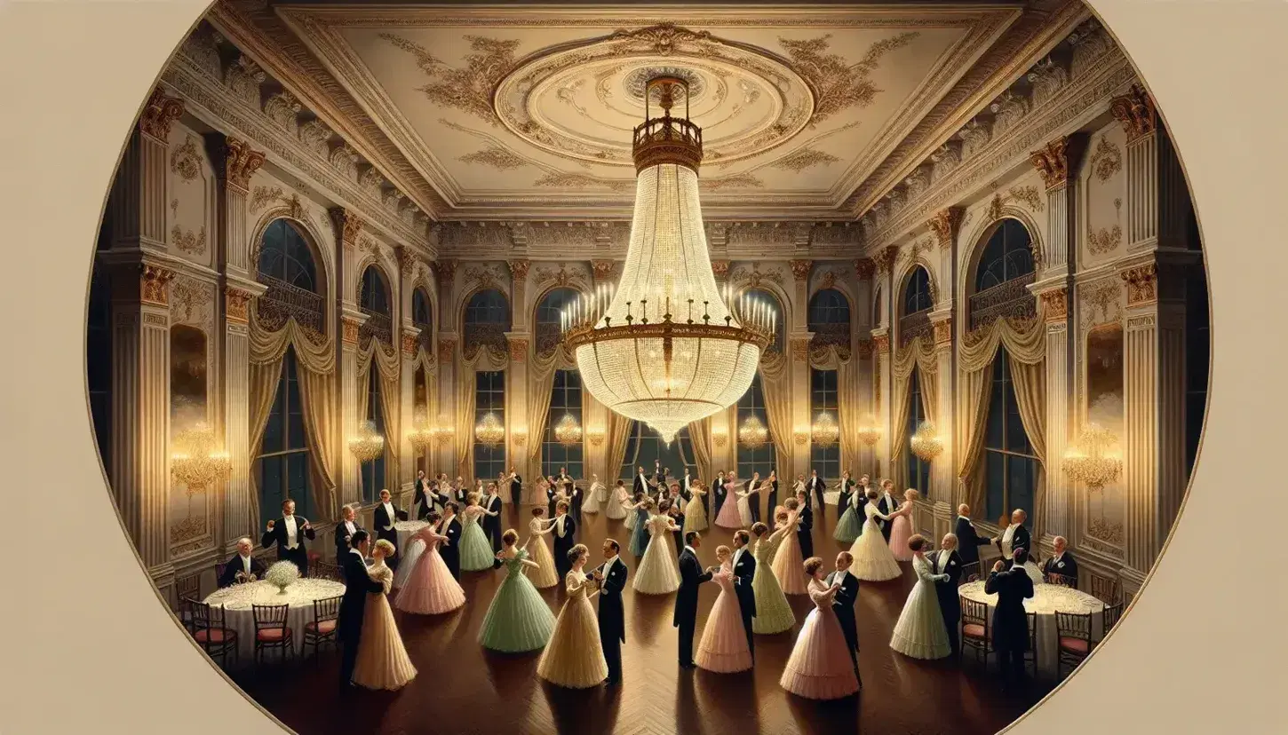 Early 1900s New York ballroom scene with high ceilings, crystal chandelier, guests in pastel gowns and formal wear dancing a waltz, and tables with floral decor.