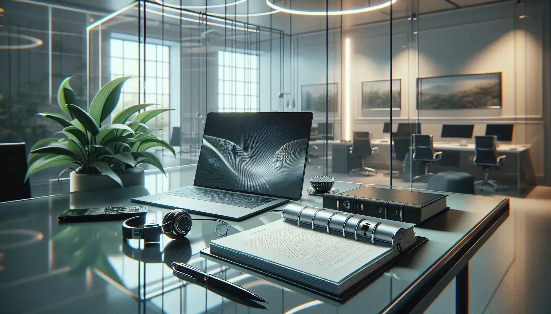 Modern office with glass table, silver laptop, black headphones, stacked legal documents, metallic pen and green plant on geometric carpet.