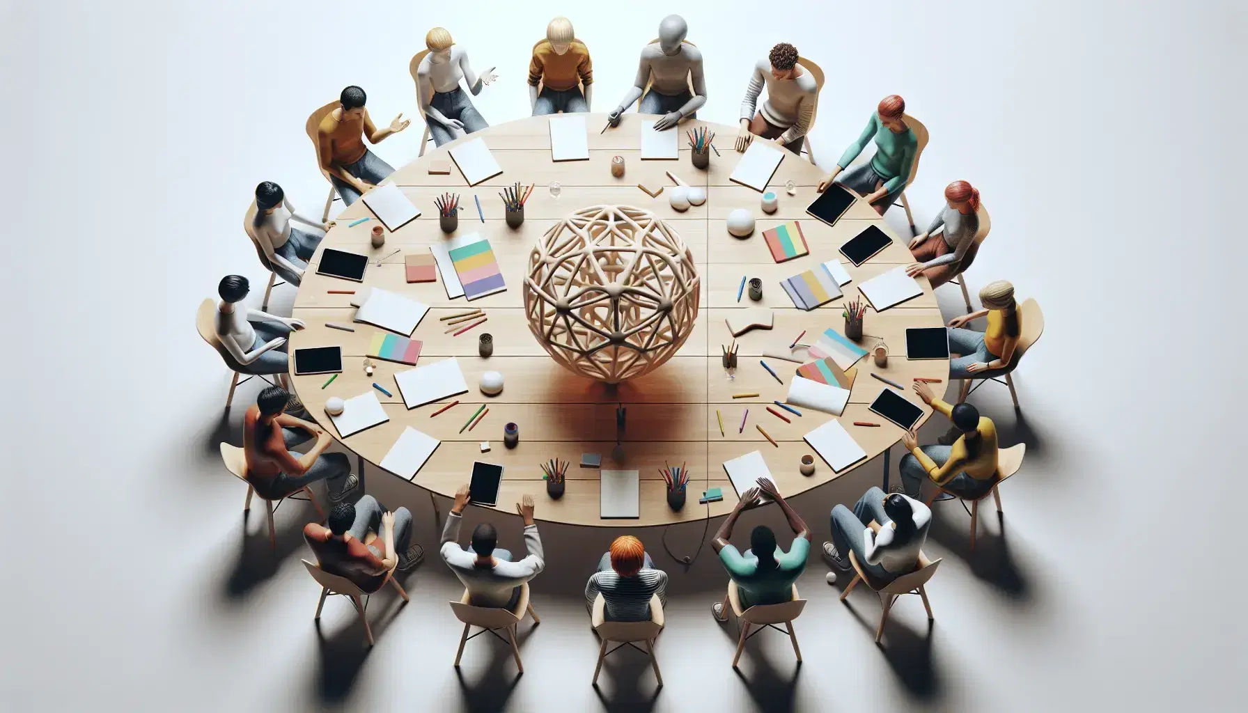 Grupo diverso de personas en reunión creativa alrededor de una mesa de madera con papeles, lápices y dispositivos electrónicos, con un objeto decorativo central.