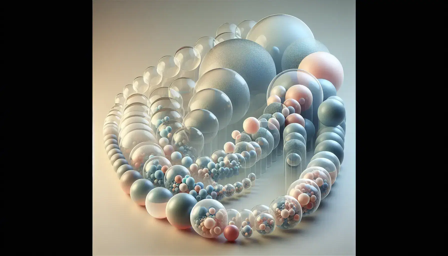 Esferas translúcidas de distintos tamaños con estructuras internas de colores suaves sobre fondo neutro, reflejando luz y sombras suaves.