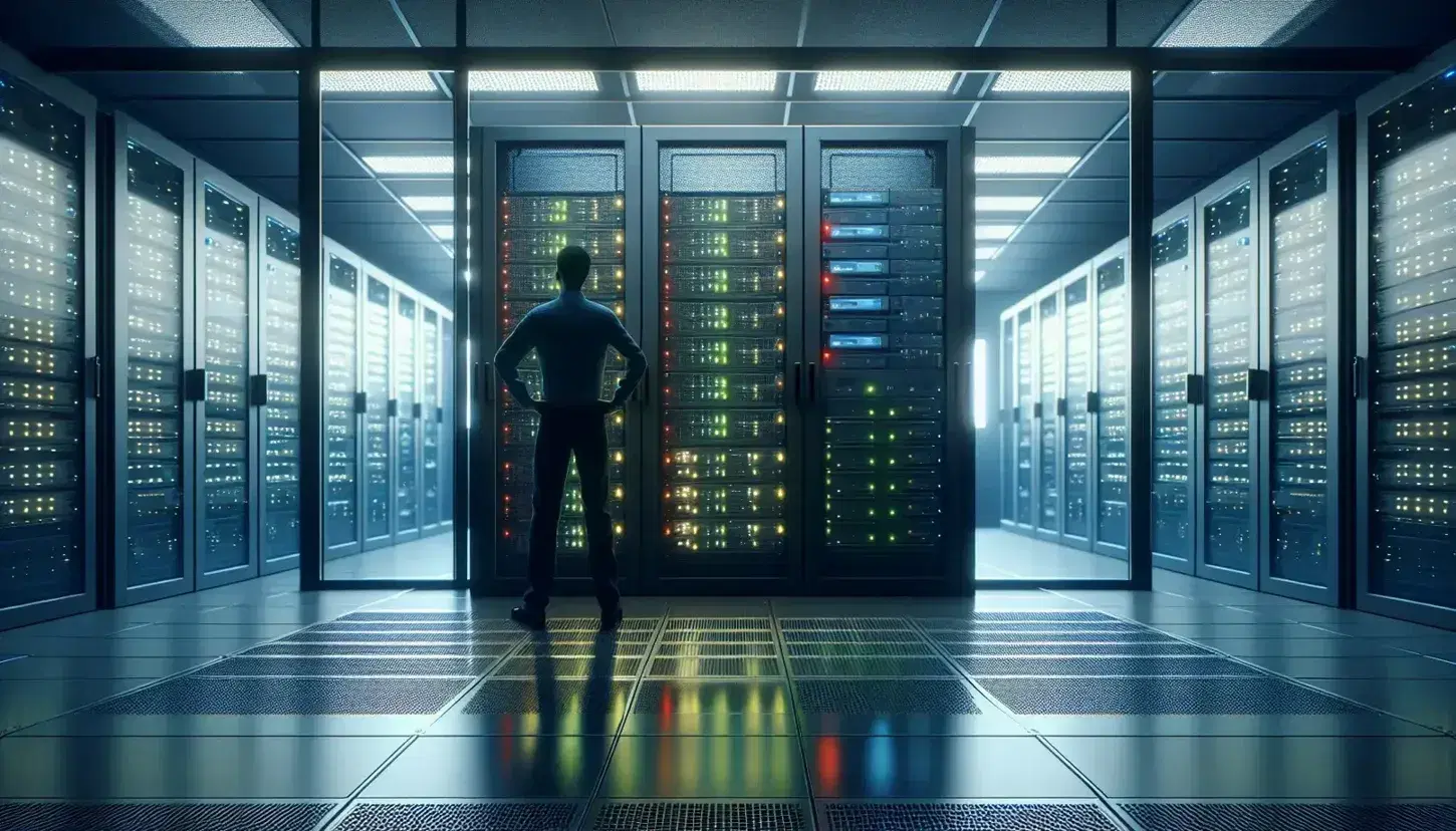 Modern and organized server room with racks of networking equipment, colorful LED lights and silhouette of a person looking.