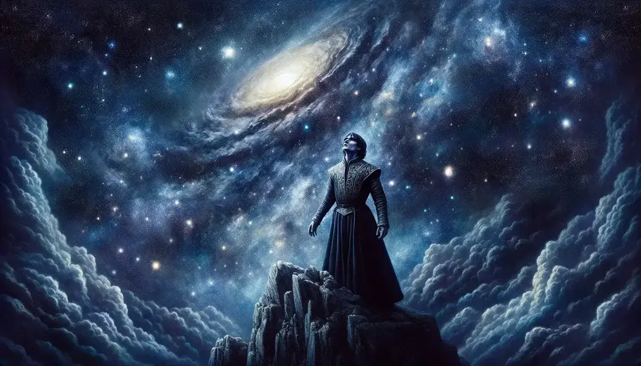 Figura umana in abiti medievali contempla il cielo stellato su un picco roccioso, con galassia a spirale e vegetazione in ombra.