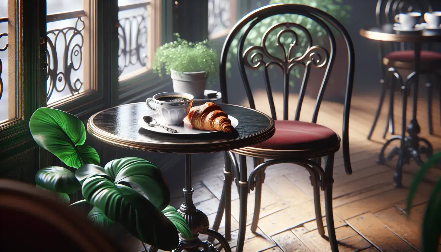 Close-up view of a French café table with black coffee in a white cup, a flaky croissant on a plate, and a wrought iron chair with a red cushion.
