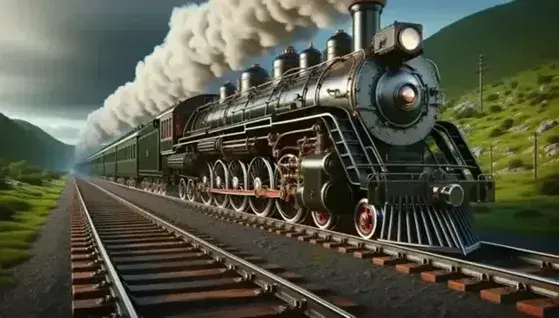 Vintage steam locomotive with brass accents and red-trimmed wheels, emitting steam, on tracks through green hills under a clear blue sky.