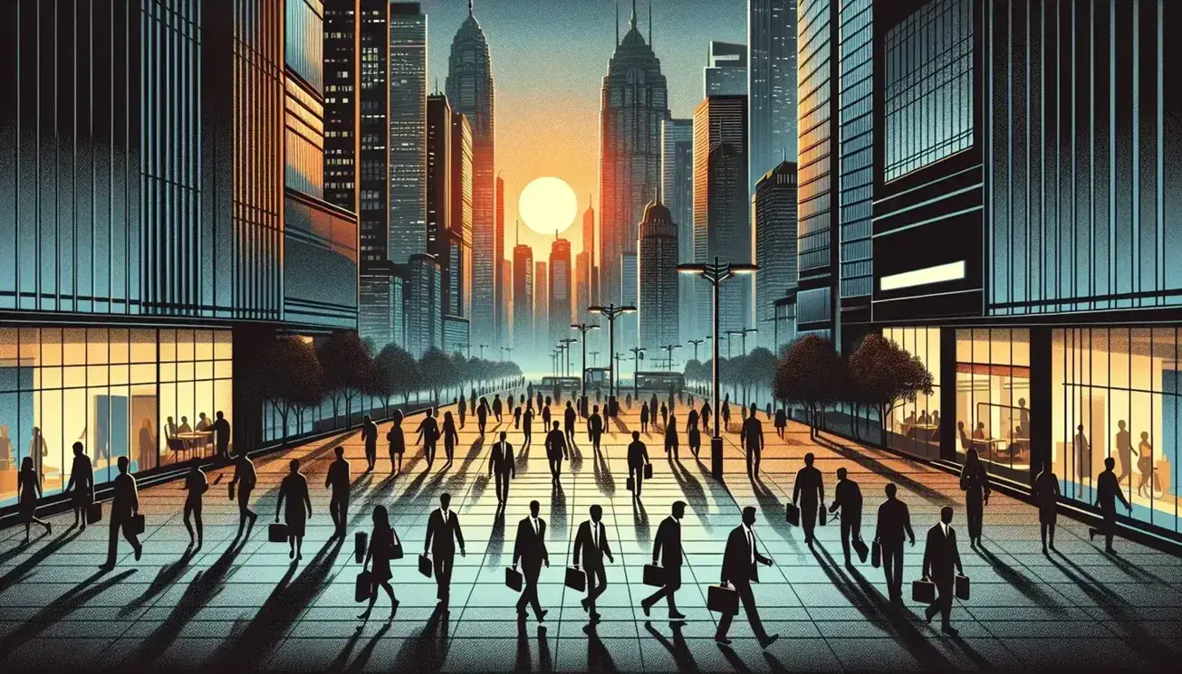 Bustling cityscape at dusk with pedestrians in business attire, shops with silhouetted figures, and skyscrapers under a radiant sunset sky.