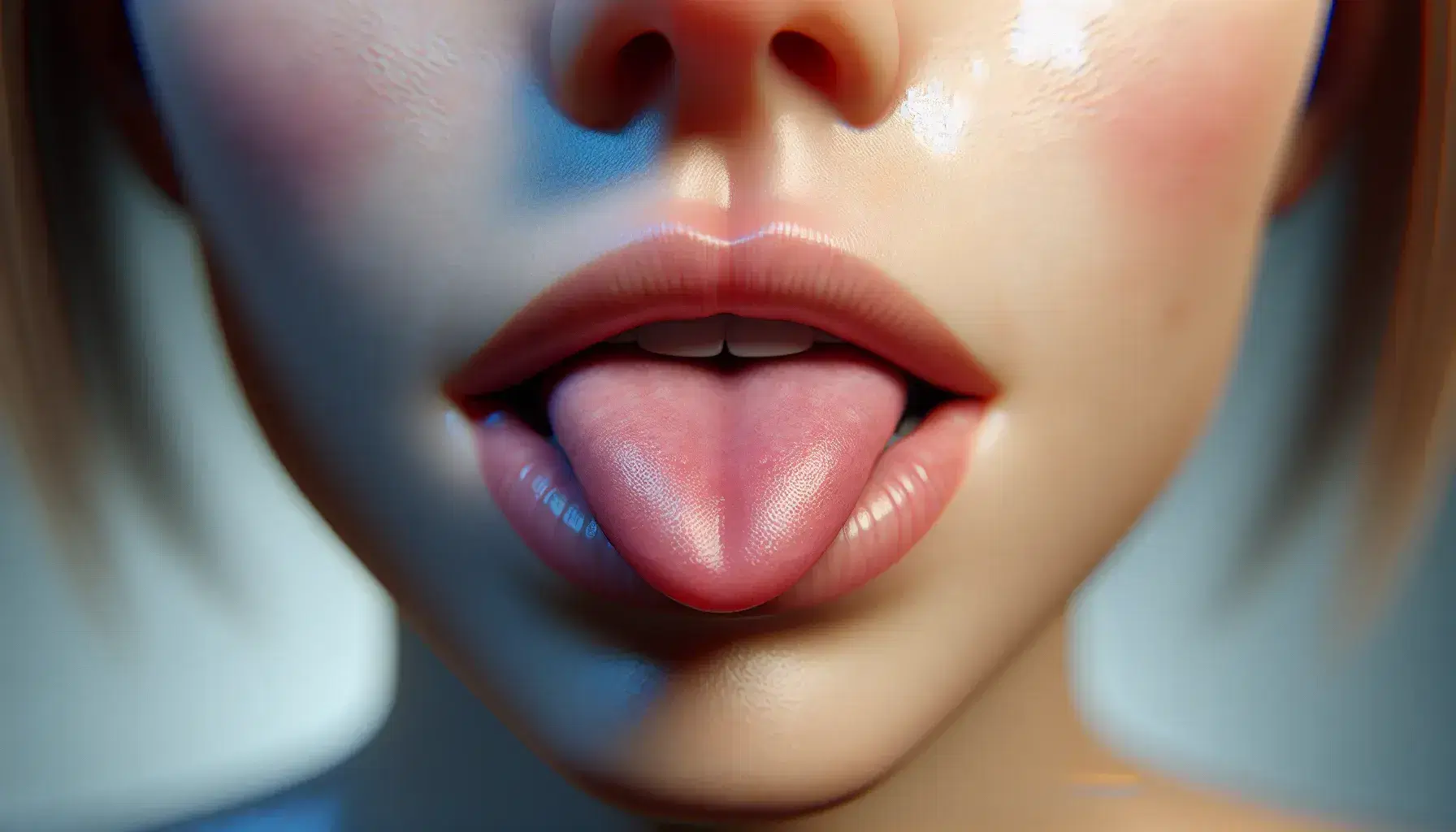 Close-up view of a person's mouth with lips slightly parted, tongue touching behind upper teeth, ready to articulate a flap T sound.
