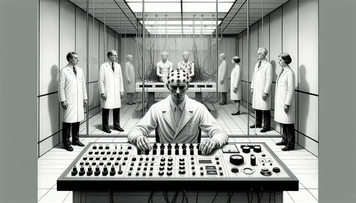 Laboratory with technicians in white coats, one sitting at the control panel and two standing behind him, watching a person in an electrode hat in an adjacent room.