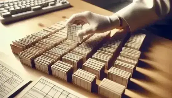 Mano guantata bianca posiziona con cura una carta di cartone beige su griglia ordinata su superficie in legno, sfondo sfocato d'ufficio.