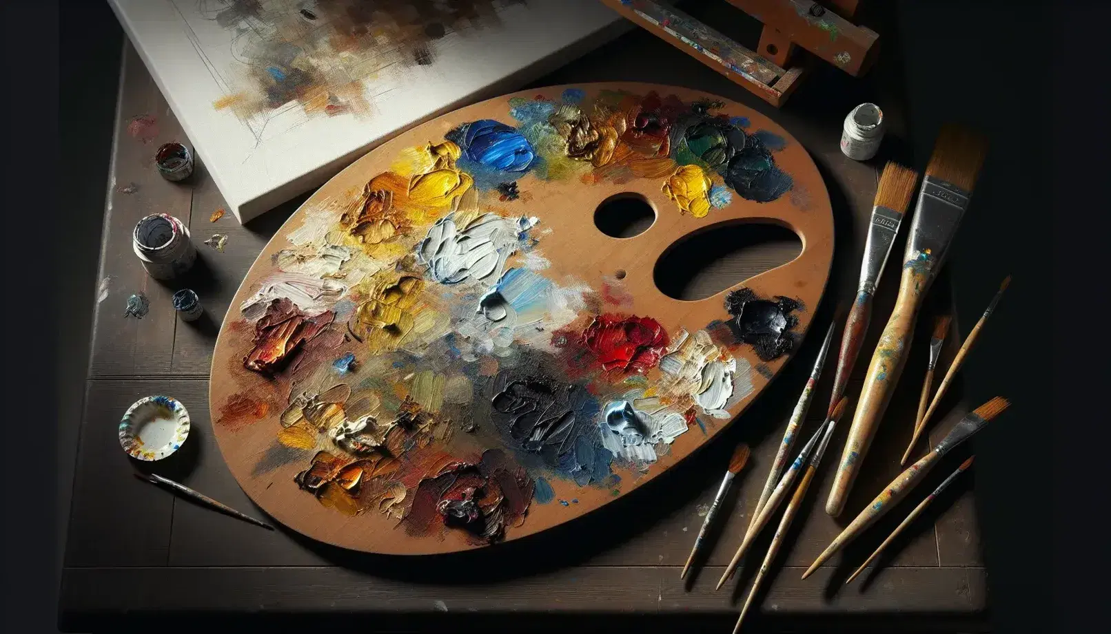 Tavolozza ovale in legno con macchie di pittura ad olio e pennelli vari su tavolo scuro, accanto a tela con bozzetto.