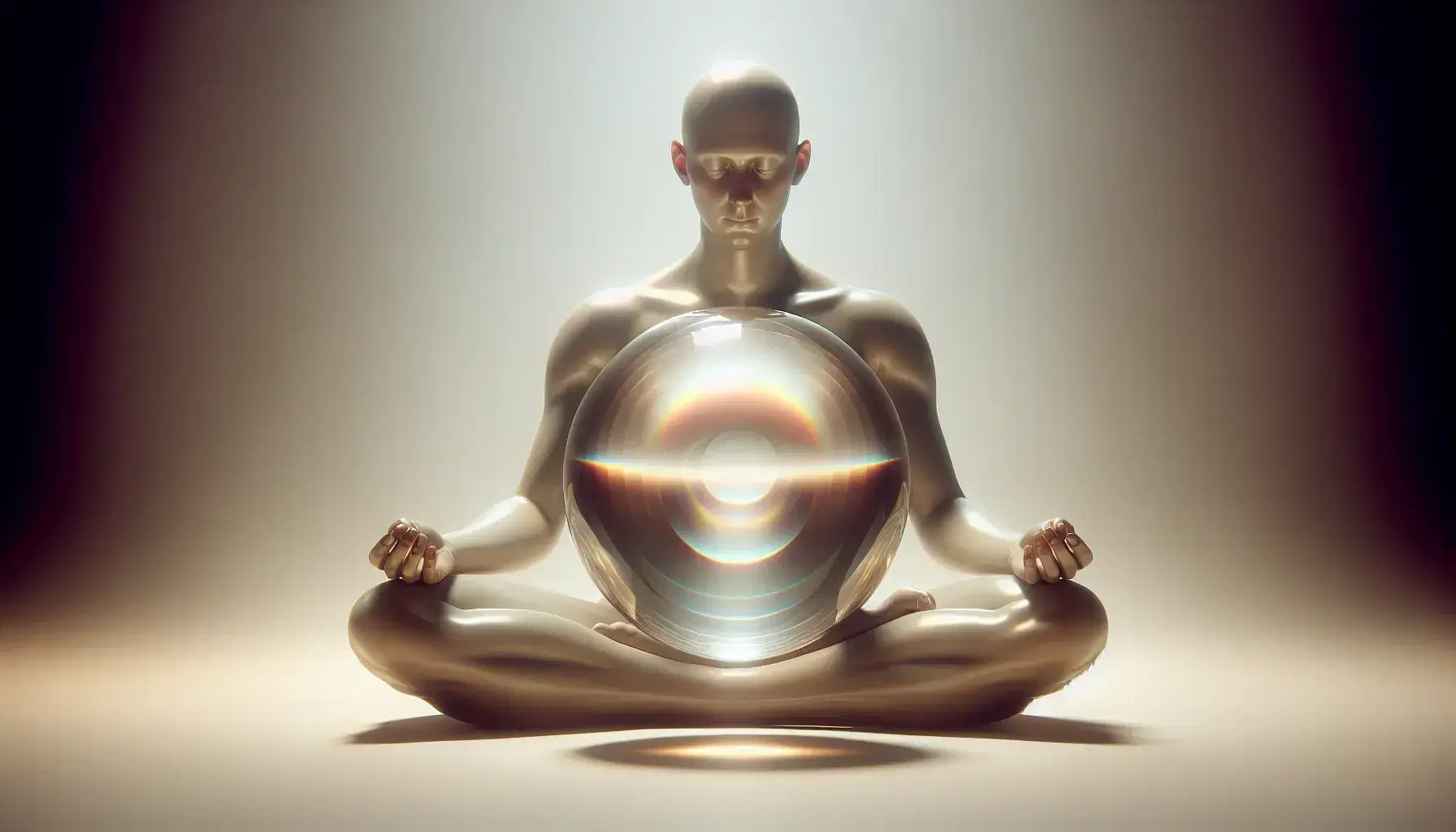 Persona in posizione di meditazione con abiti monocromatici davanti a una sfera trasparente che riflette la luce su sfondo chiaro.