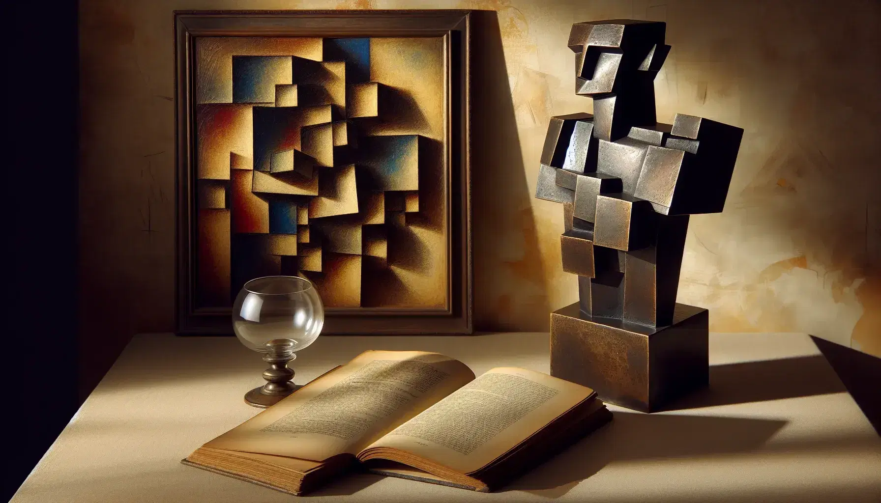 Natura morta con scultura cubista in bronzo, calice di vetro e libro aperto su sfondo di dipinto astratto.