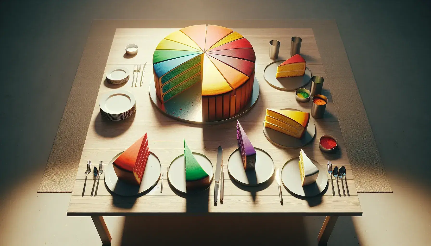 Torte colorate in gradazione, divise in fette su tavolo in legno chiaro con piatti vuoti e posate lucide, ombre leggere a destra.