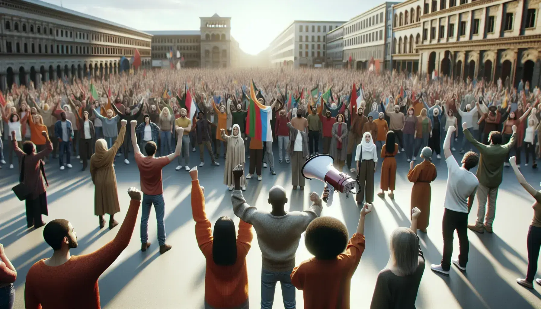 Town square with different people, some with raised fists, others with open palms, under a blue sky, united in collective action.