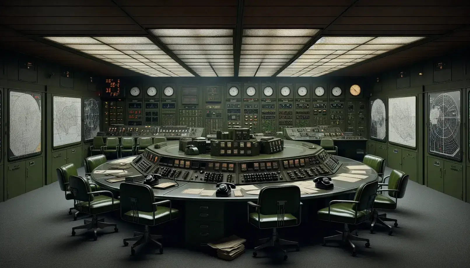 Vintage 1960s olive green military command center with a reflective circular table, dark green chairs, black rotary phones, analog consoles, and radar screens.