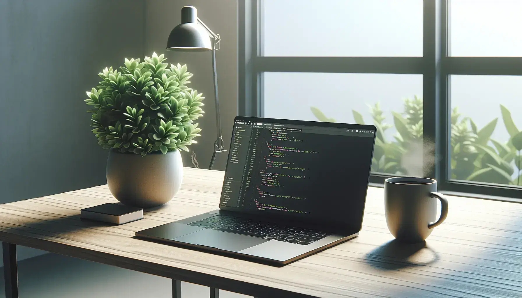 Minimalist workspace with silver laptop on light wooden desk, green plant and cup of coffee, natural light from large window.
