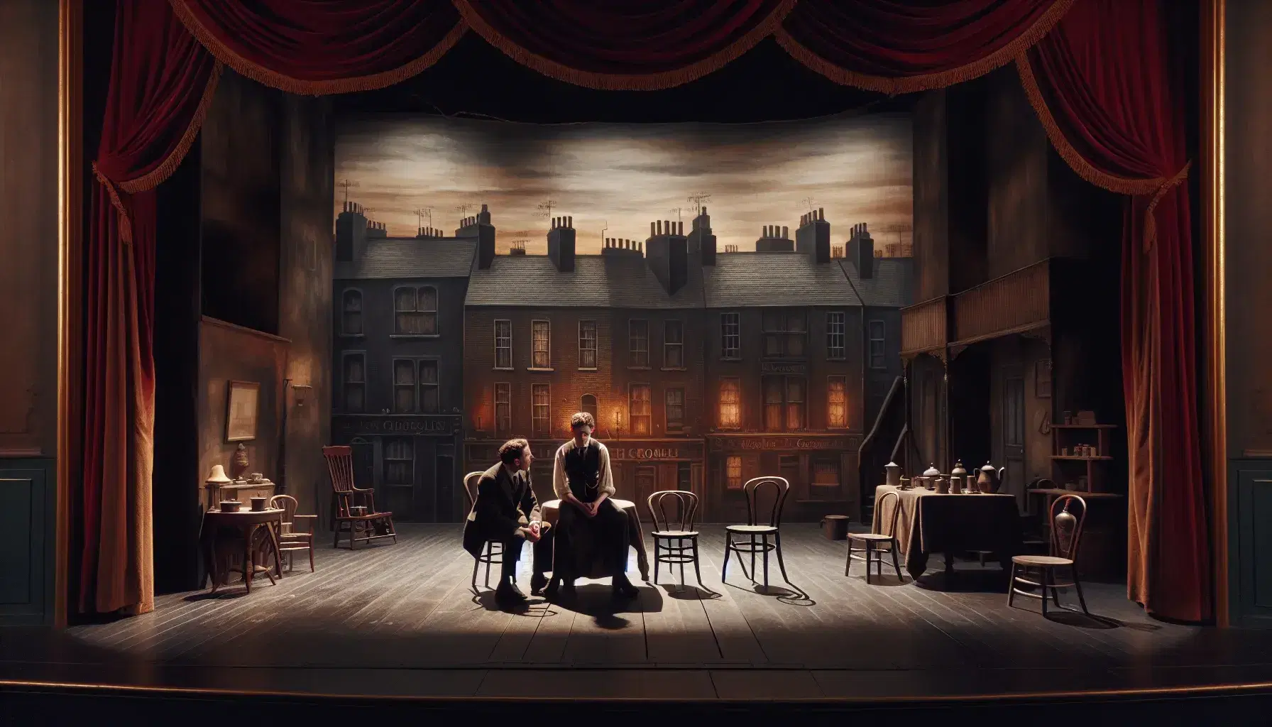 Vintage theater stage with red velvet curtains, actors in period costume, and a painted Dublin cityscape backdrop, evoking early 20th-century ambiance.