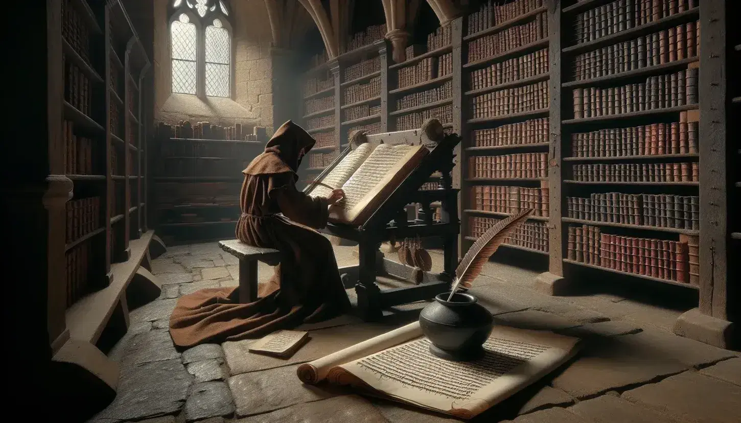 Escena medieval en un scriptorium con un monje escribiendo en un libro grande sobre un atril de madera, rodeado de estantes con libros encuadernados y un pergamino en el suelo.
