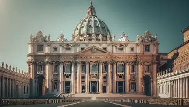 Vista frontale della Basilica di San Pietro in Vaticano con cielo sereno, cupola di Michelangelo, obelisco e fontane in Piazza San Pietro.