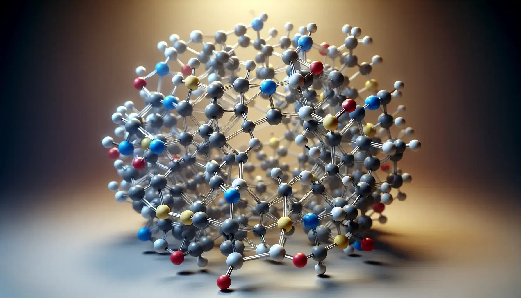 Estructura molecular tridimensional con esferas de colores y varillas grises que representan enlaces, destacando una red compleja y patrones secundarios.