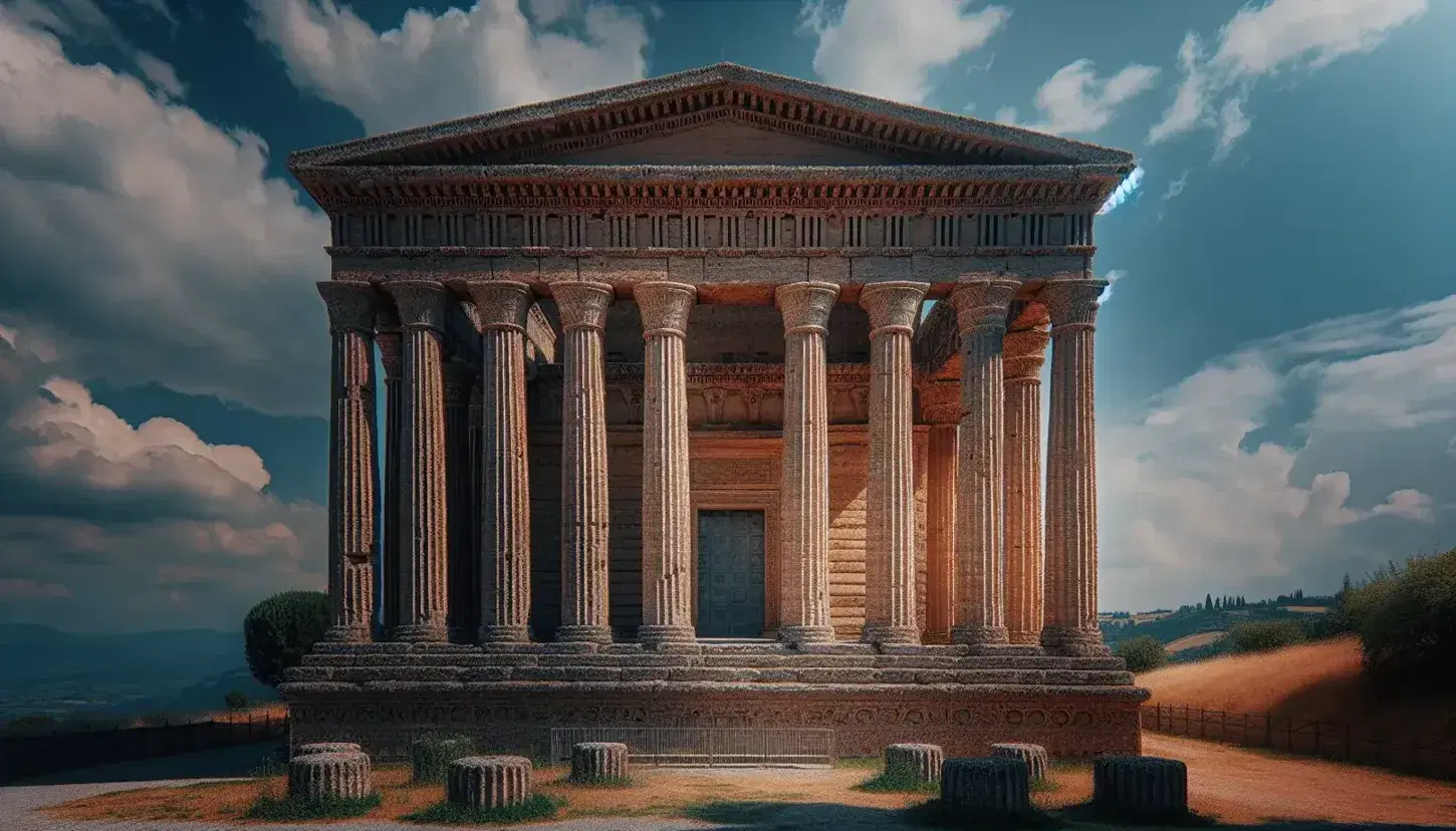 Tempio Belvedere di Orvieto, architettura etrusca con colonne massicce e capitelli semplici, cella visibile, cielo azzurro e vegetazione in primo piano.