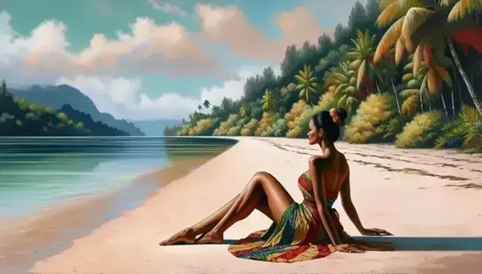 Due donne tahitiane sedute sulla sabbia di una spiaggia tranquilla, con abiti tradizionali colorati e sfondo tropicale.