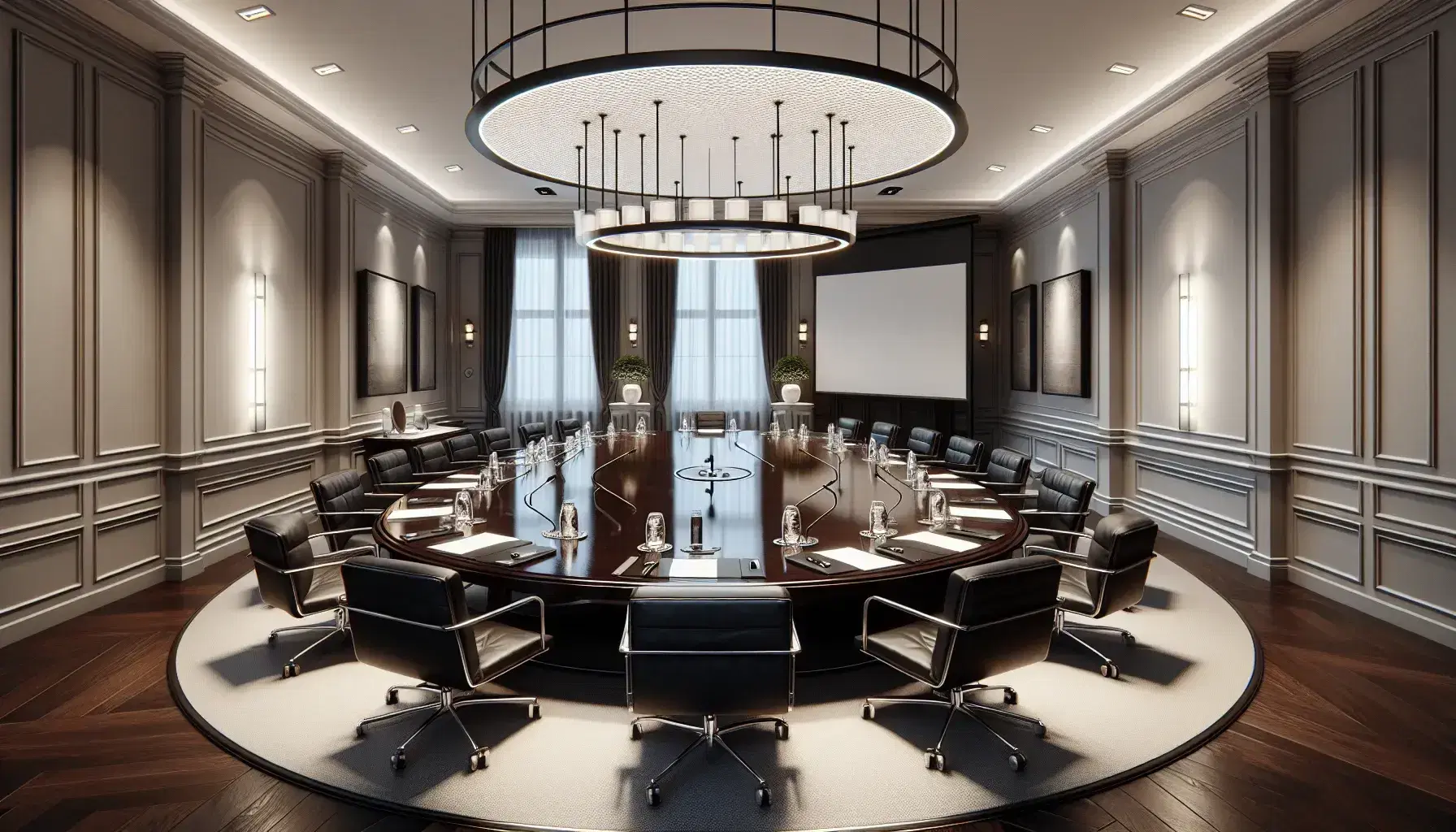 Sala conferenze elegante con tavolo ovale in legno scuro, sedie in pelle nera, microfoni direzionali e schermo per proiezioni retrattile.