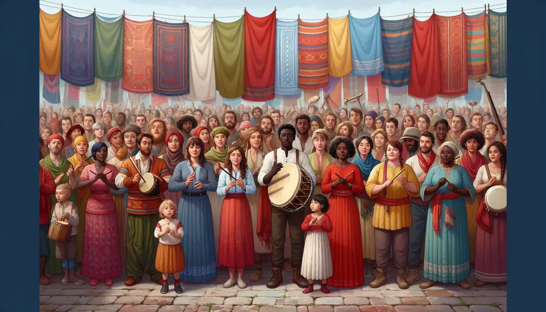 Grupo multicultural disfrutando de música tradicional al aire libre, con hombre tocando tambor y mujer con instrumento de cuerda, frente a pared de ladrillos y banderines coloridos.