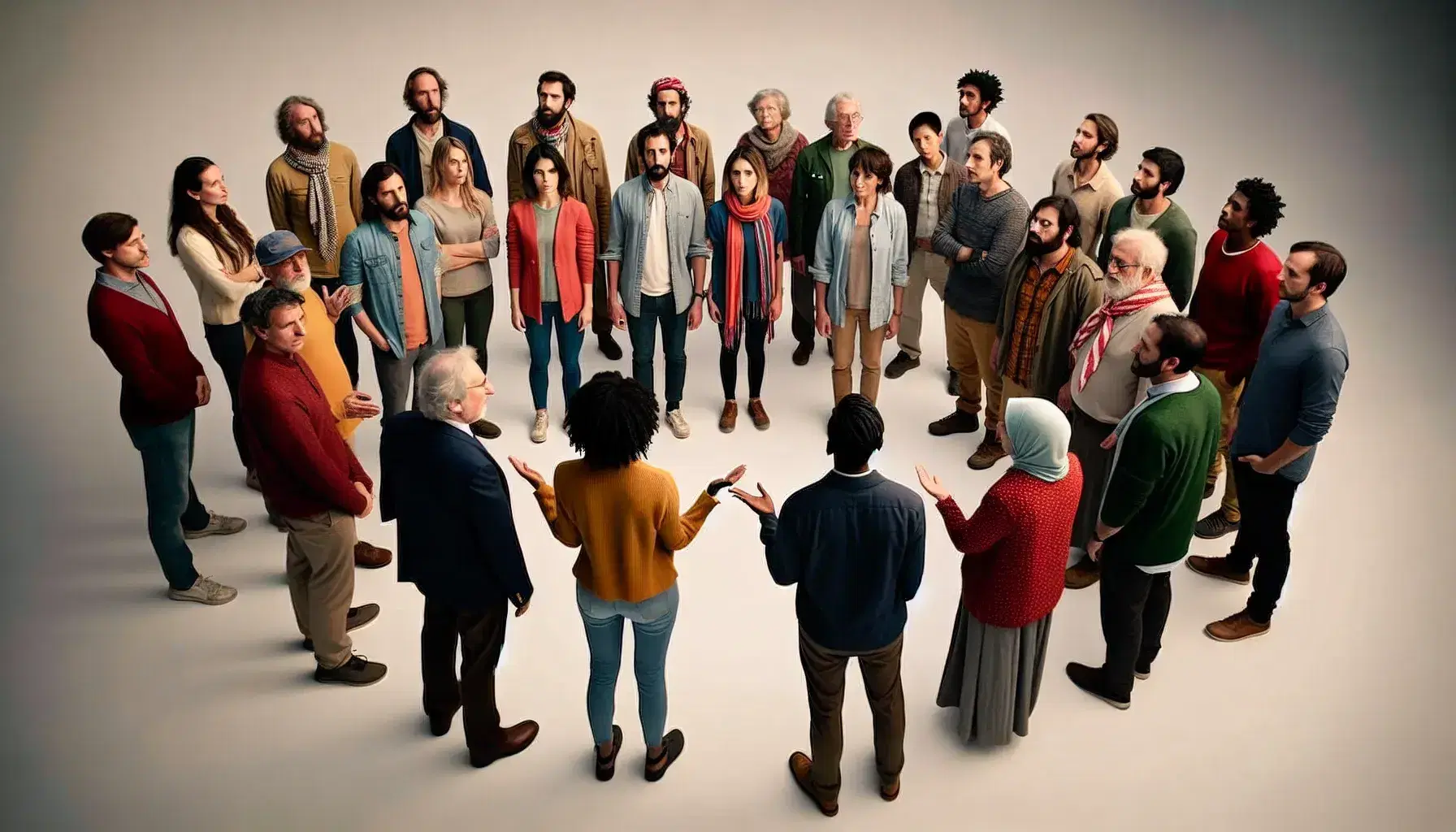 Multi-ethnic group in a circle discussing animatedly, wearing colorful traditional clothing, expressing cultural diversity and social dialogue.