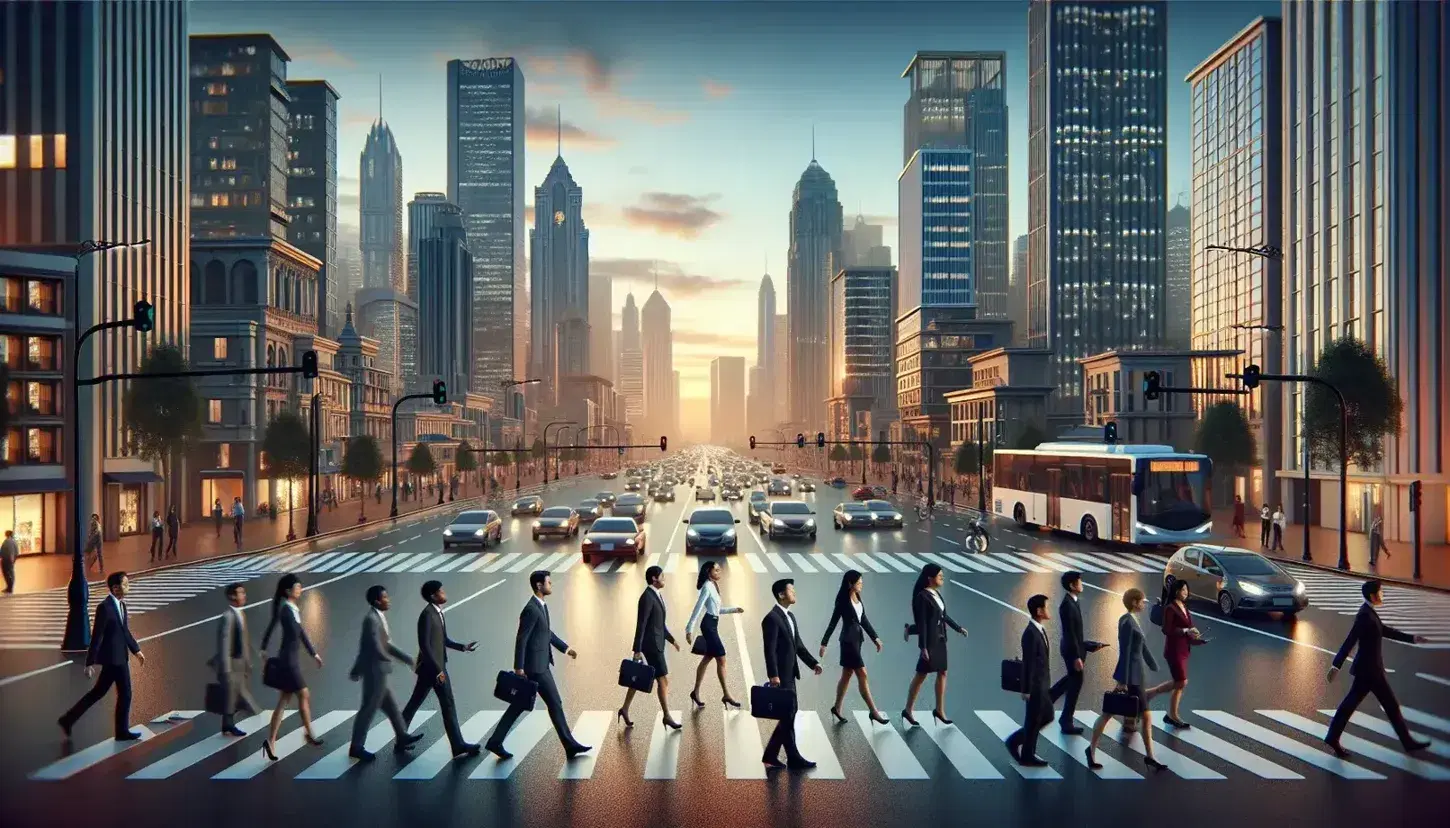 Diverse professionals crossing a city street at dusk with traffic and skyscrapers bathed in sunset glow in the background.