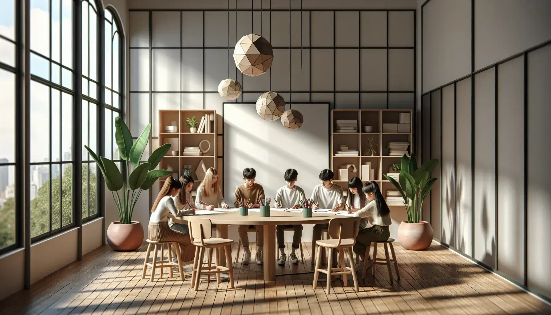 Aula luminosa con estudiantes colaborando alrededor de una mesa redonda, hojas y lápices de colores sobre la mesa, pizarra blanca y plantas al fondo, estantería con figuras geométricas en primer plano.