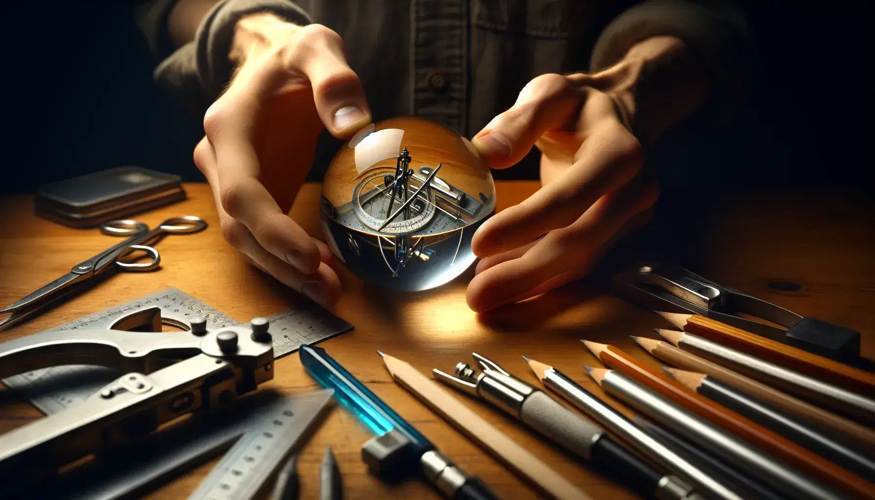 Hands holding a glass sphere with a blurred background of mathematical tools on a wooden desk, including a compass, protractor, and pencils.