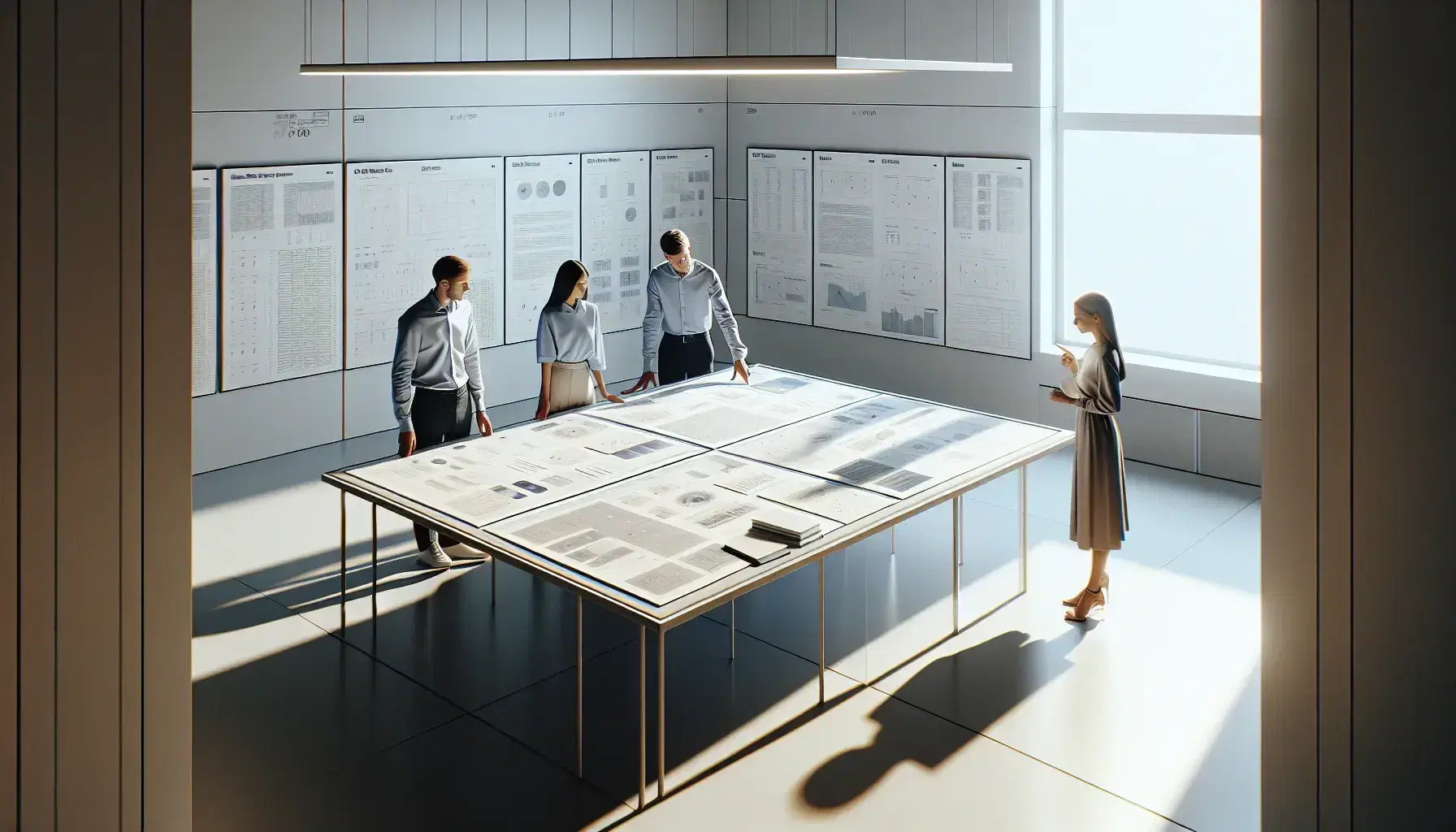 Tres profesionales colaborando en una reunión de trabajo con documentos y gráficos sobre una mesa en una oficina iluminada.