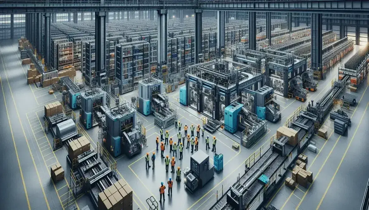 Vista aérea de planta industrial con operarios en discusión, maquinaria organizada, estanterías altas con cajas y vehículo de transporte.