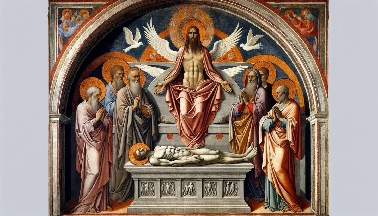 Affresco 'La Trinità' di Masaccio con Cristo crocifisso, Dio Padre, Spirito Santo e santi, in una prospettiva architettonica rinascimentale.