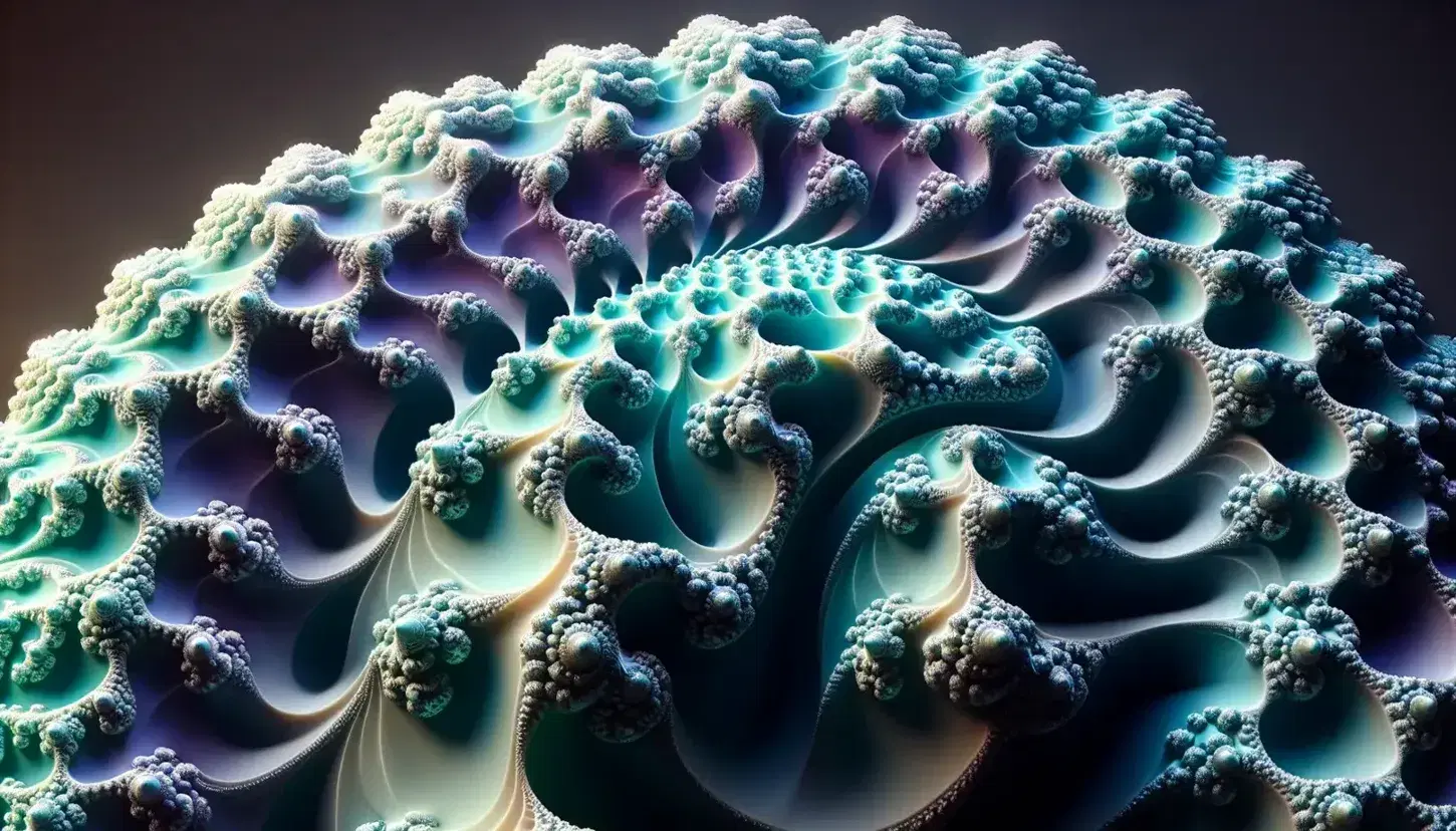 Detailed 3D fractal structure with self-similar patterns in shades of blue and purple, glossy surface, and soft lighting against a blurred gray background.