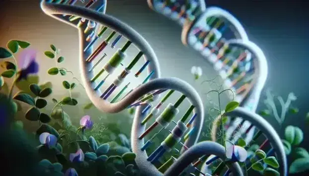 Three-dimensional structure of DNA double helix with colored bases and pea plants with purple and white flowers in the foreground, blurred laboratory background.