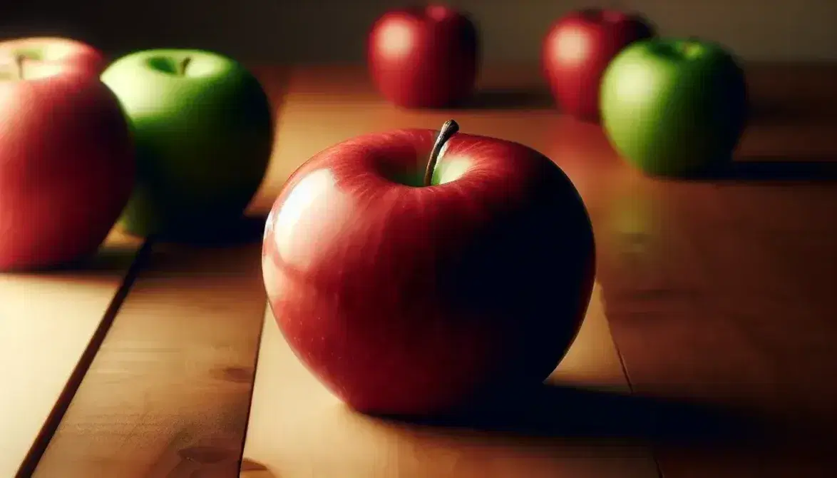 Vibrant red apple with glossy skin on a wooden table, surrounded by out-of-focus green apples, highlighting natural color contrast.