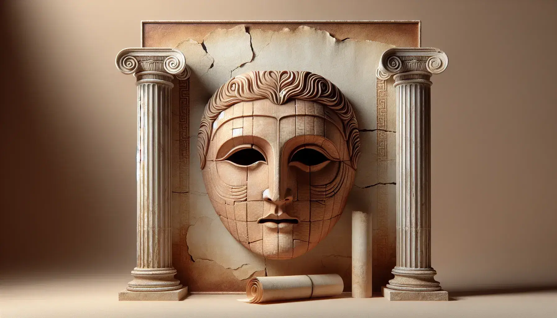 Maschera teatrale greca antica con dettagli espressivi, circondata da colonne doriche e papiro parzialmente srotolato su sfondo gradiente beige.