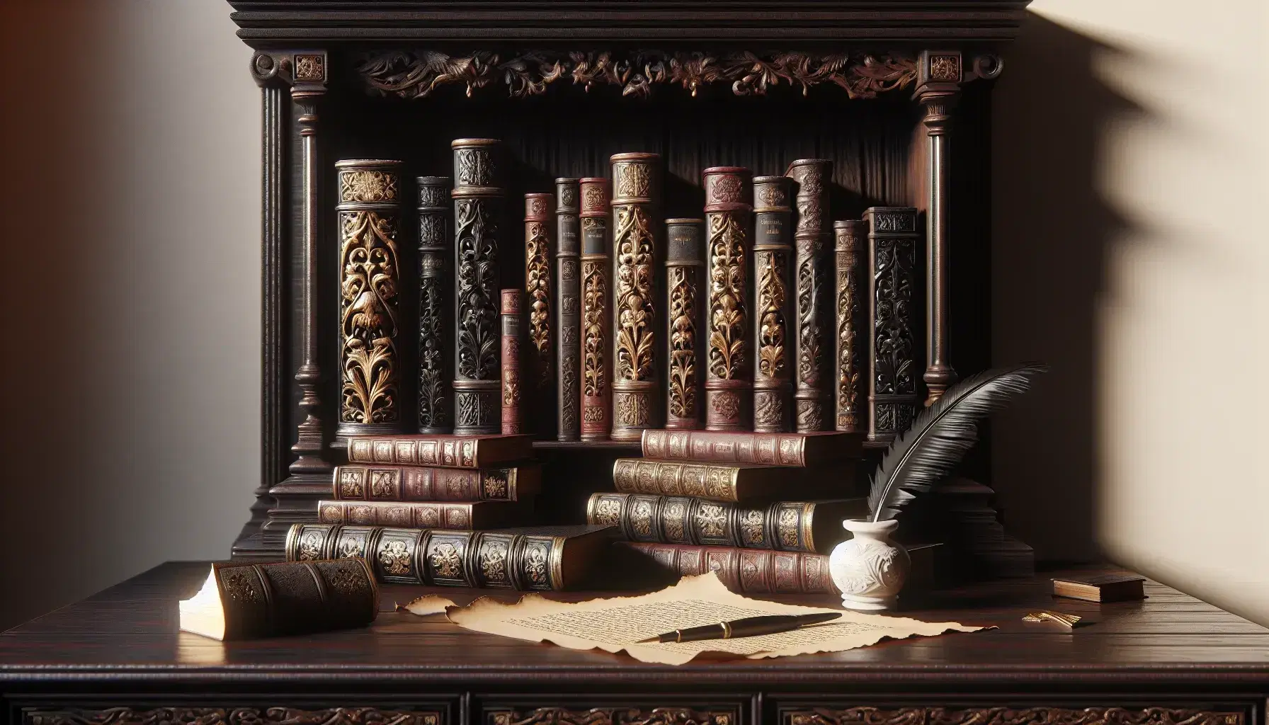 Estante de madera oscura tallada con libros antiguos, pluma de ave en tintero de porcelana y pergamino sobre fondo crema, sin texto visible.