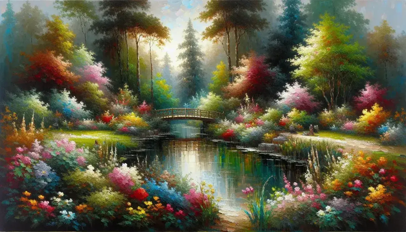 Jardín floreciente con puente de madera y estanque reflejando árboles en pintura al óleo que captura la luz y sombra de un día soleado.