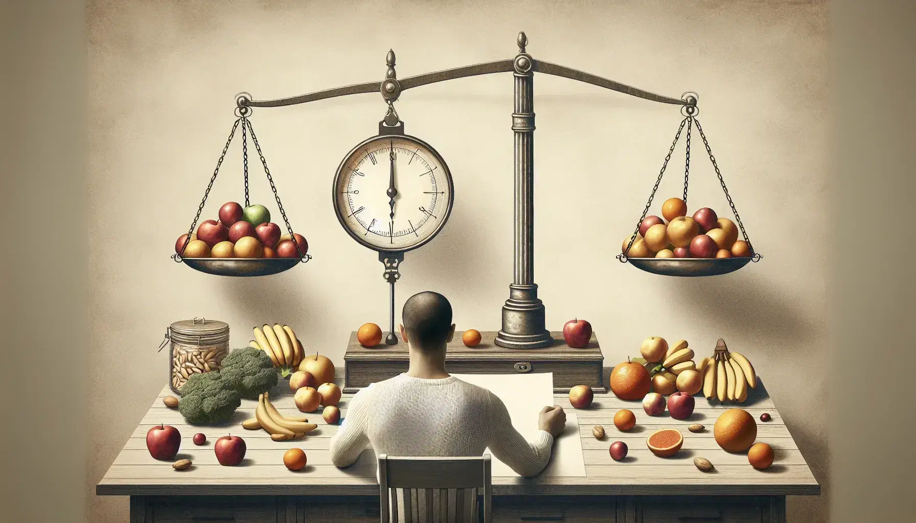 Person sitting at desk in reflection with empty scales, clock showing 10:10 and assorted fresh fruit neatly arranged.