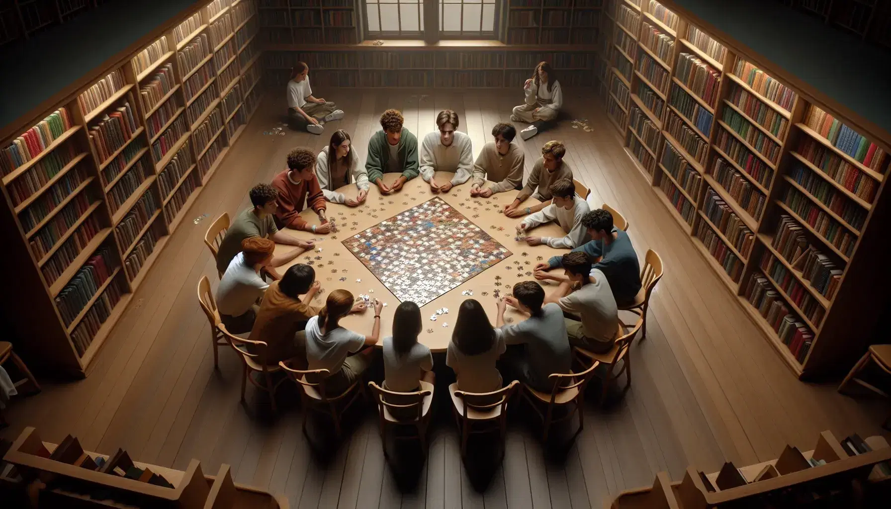 Estudiantes de diversas edades sentados en círculo en una biblioteca, concentrados en armar rompecabezas sobre una mesa redonda, rodeados de estantes con libros coloridos.