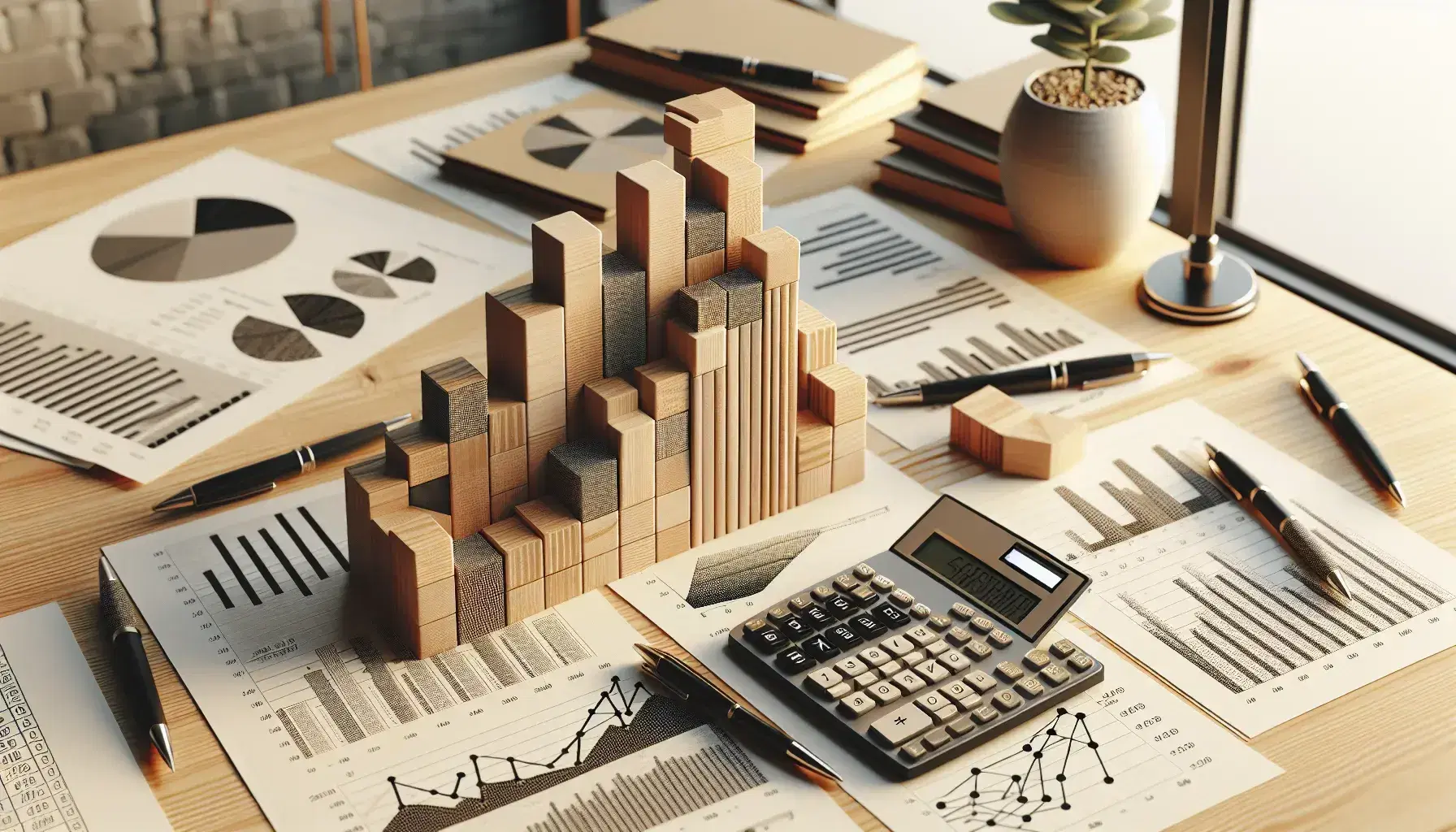 Escritorio de oficina con calculadora científica, gráficos impresos, pluma fuente y gráfico de barras 3D de madera, junto a una planta, con luz natural de fondo.