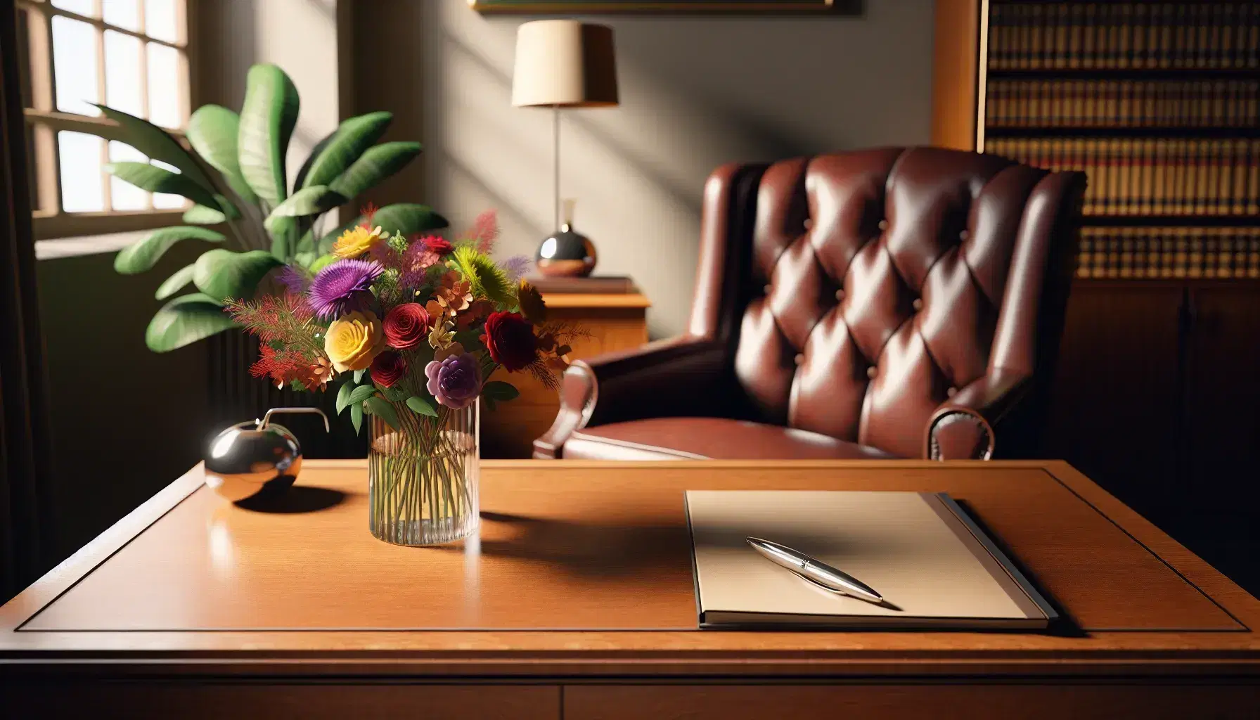 Tidy psychologist office with wooden desk, colorful flower pot, burgundy leather chair, open book and green plant.