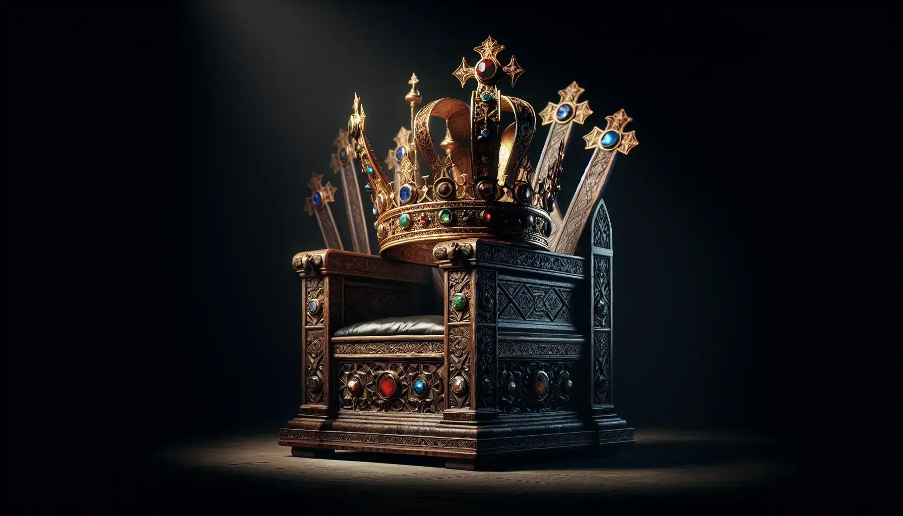 Corona imperiale dorata con gemme incastonate e otto archi su trono di legno scuro antico, in ambiente storico con pareti di pietra sfocate.