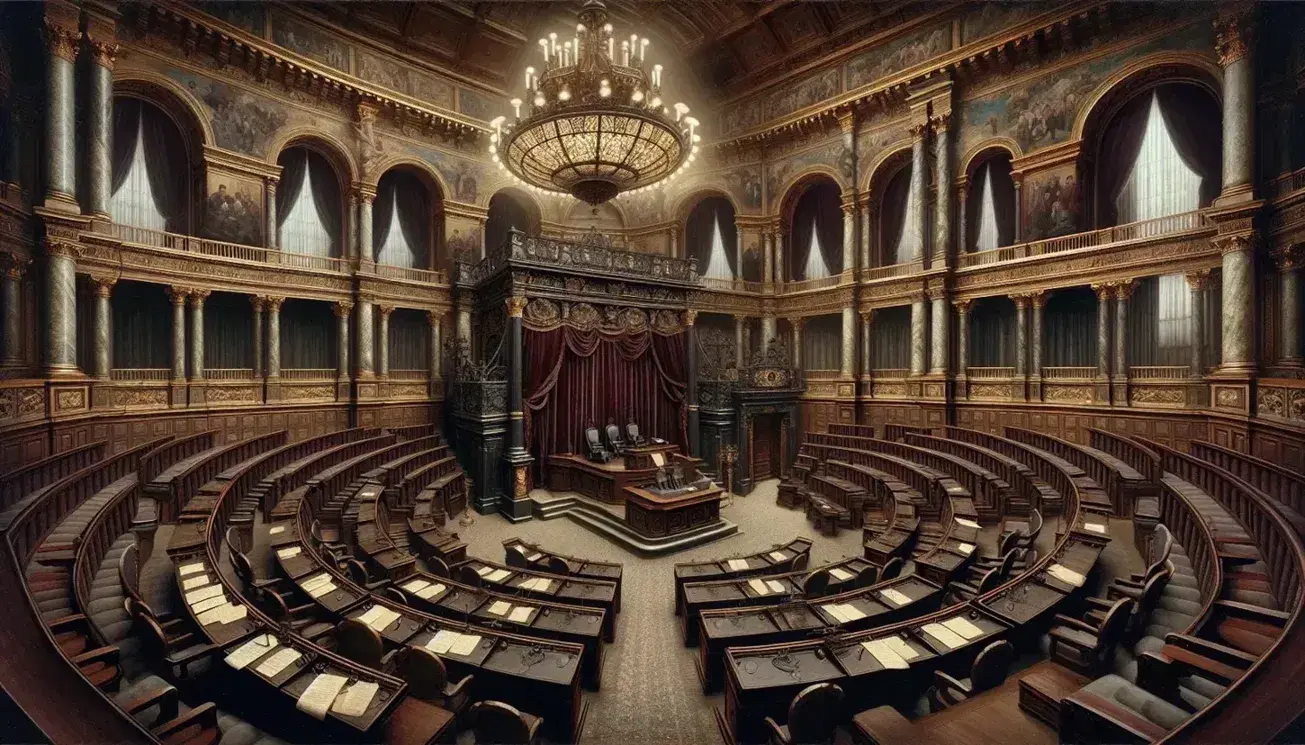 Sala parlamentare italiana ottocentesca con banchi in legno, lampadario in ferro e vetro, affreschi e parlamentari in abiti d'epoca.