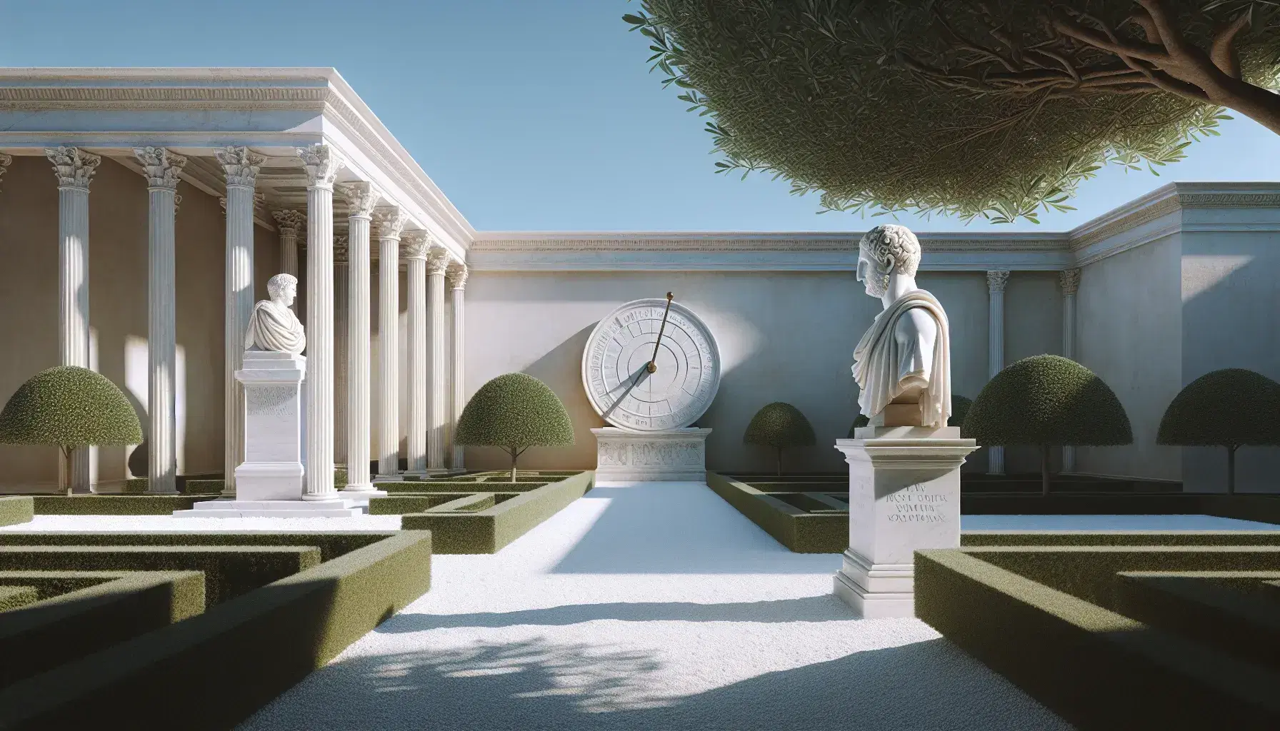 Estatua de mármol blanco de filósofo romano en perfil, en jardín clásico con setos geométricos, camino de grava, columnas corintias y reloj de sol antiguo bajo cielo azul.